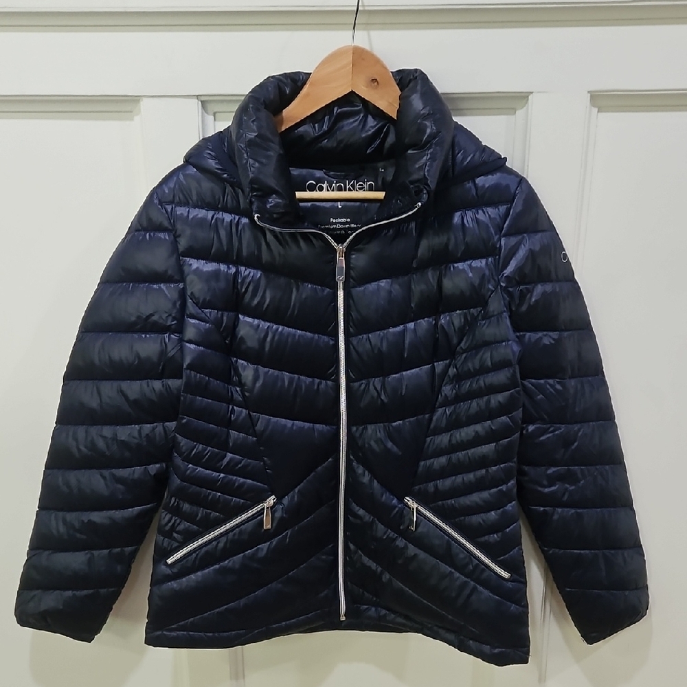 Calvin Klein Midnight Blue Puffer Down Quilted Jacket with Hood, Large, EUC